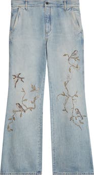 AMIRI Floral Embroidered Cotton Wide Leg Jeans