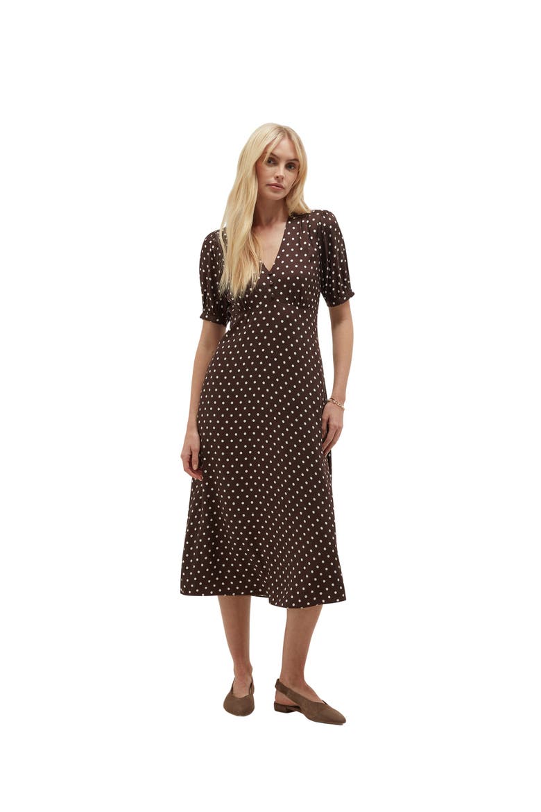 Freya Polka Dot Silk Midi Dress, Main, color, Brownivory