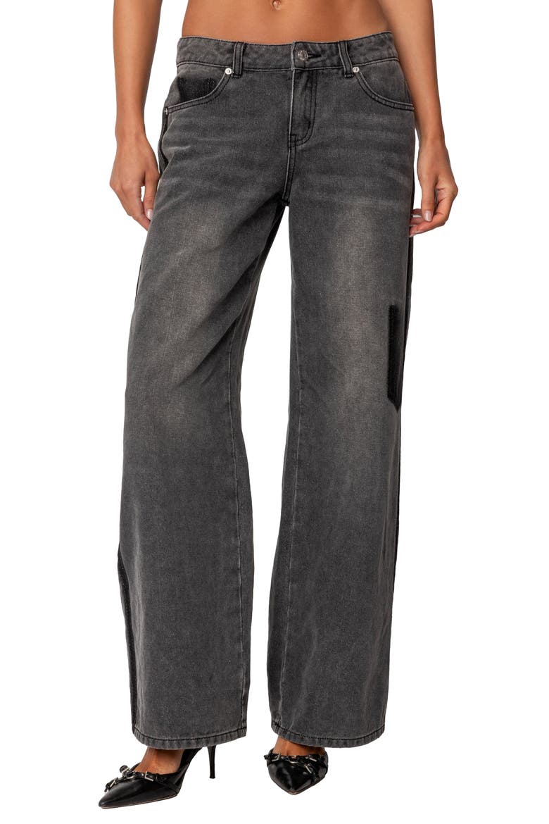 Deconstructed Low Rise Wide Leg Jeans, Main, color, BLACK-WASHED