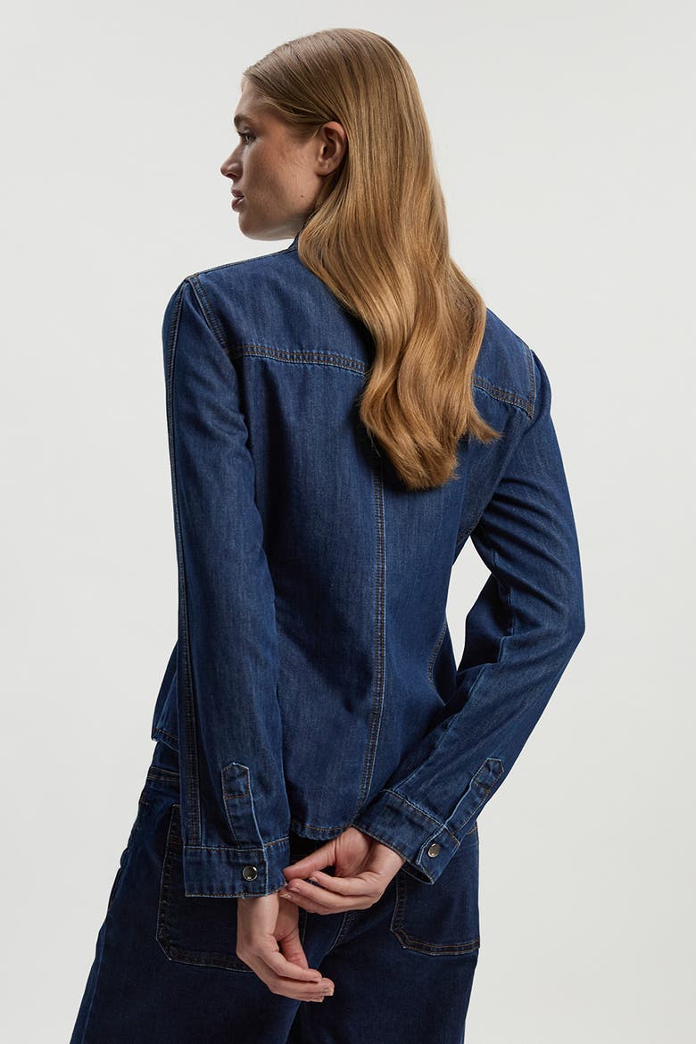Denim Pussybow Blouse, Alternate, color, Mid Blue