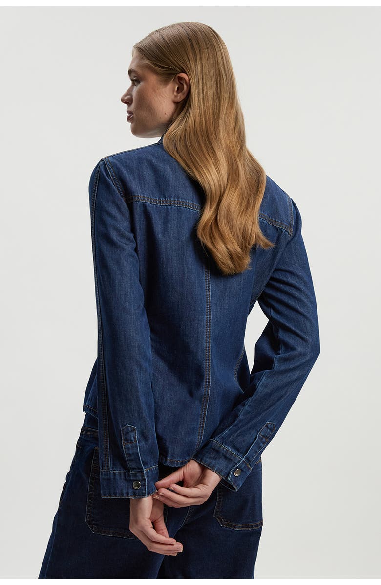 Karen Millen Denim Pussybow Blouse, Alternate, color, Mid Blue