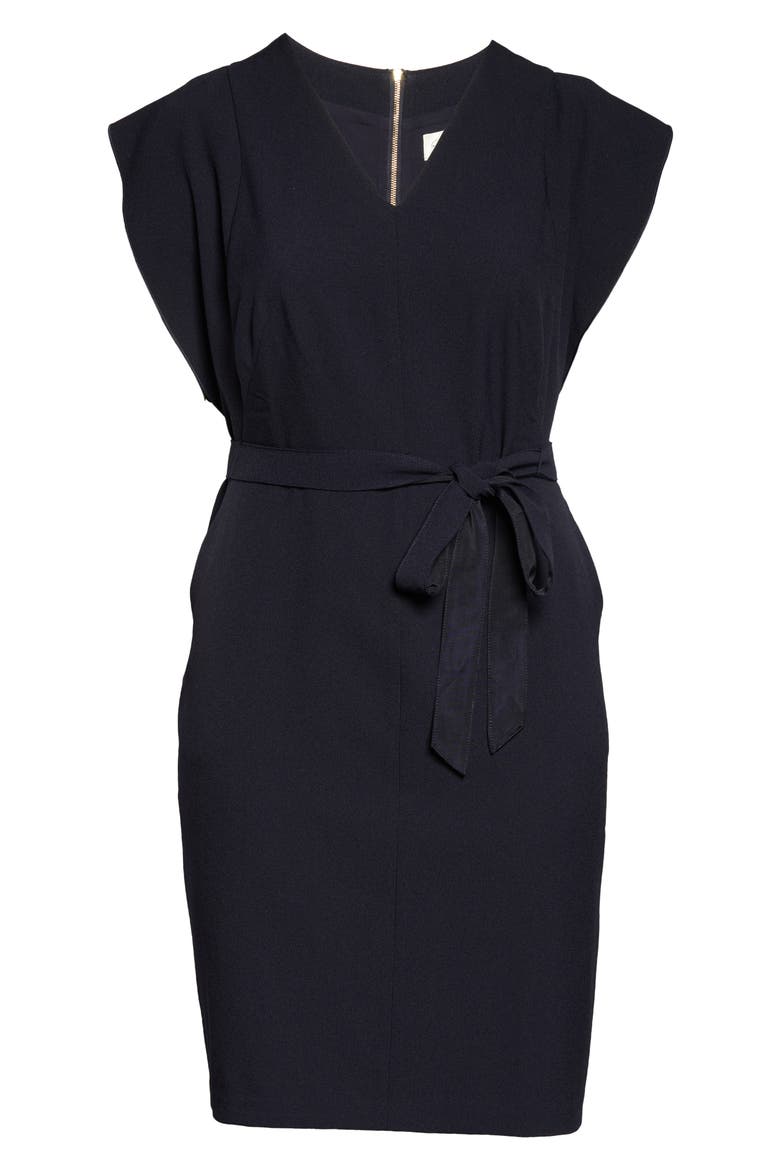 Flutter Sleeve Belted Crepe Sheath Dress, Alternate, color, NAVY
