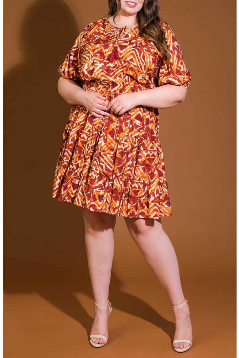 Tie Neck Three-Quarter Puff Sleeve Babydoll Minidress, Alternate, color, IVORY RUST