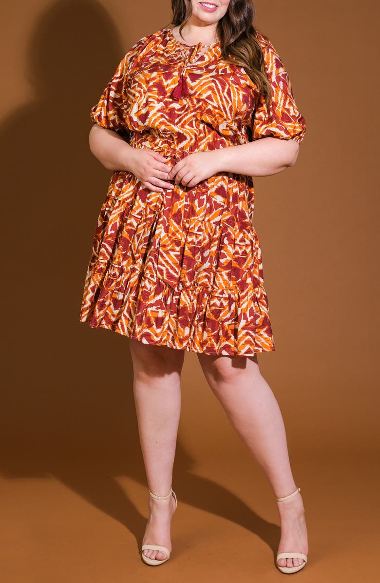 FLYING TOMATO Tie Neck Three-Quarter Puff Sleeve Babydoll Minidress, Alternate, color, Ivory Rust