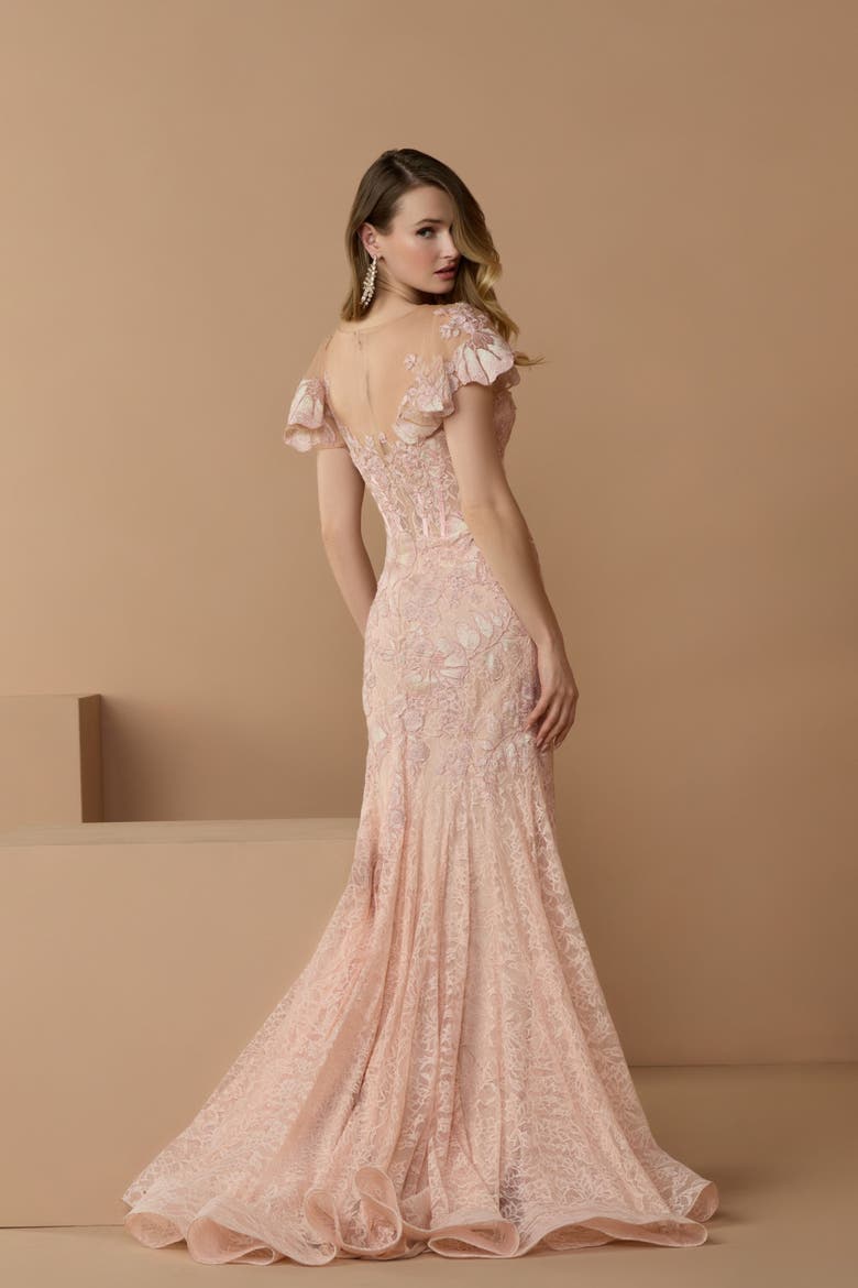 Embroidered Lace Trumpet Gown with Flutter Sleeves, Alternate, color, Blush