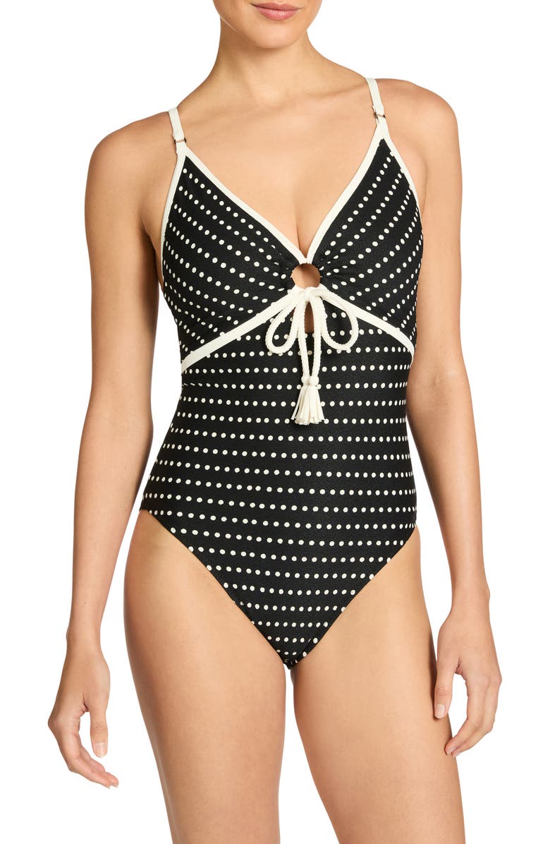 Robin Piccone Millie Ring One-Piece Swimsuit, Main, color, Black/ Ecru