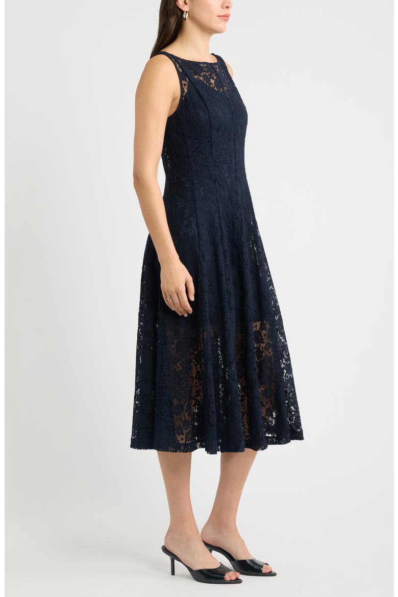 Sleeveless Fit & Flare Lace Midi Dress, Alternate, color, NAVY NIGHT