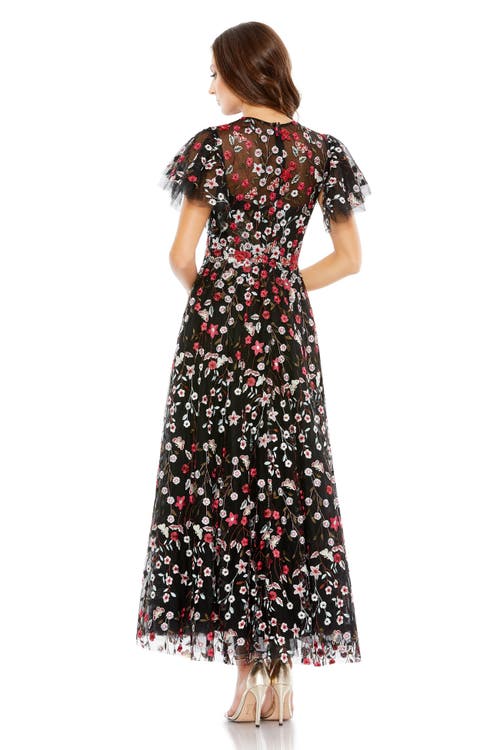 Shop Mac Duggal Embellished Butterfly Tea Length A Line Dress In Black Multi