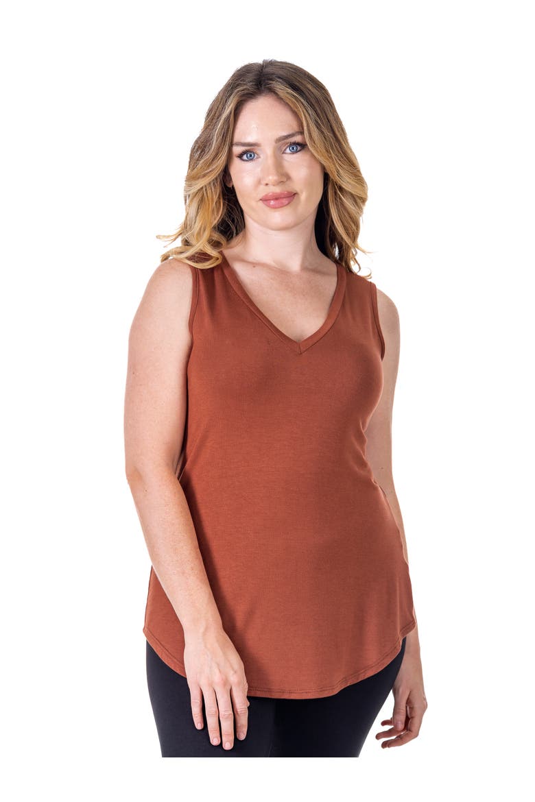 Petites V-Neck Tunic Tank Top with Round Hemline, Main, color, Cinnamon