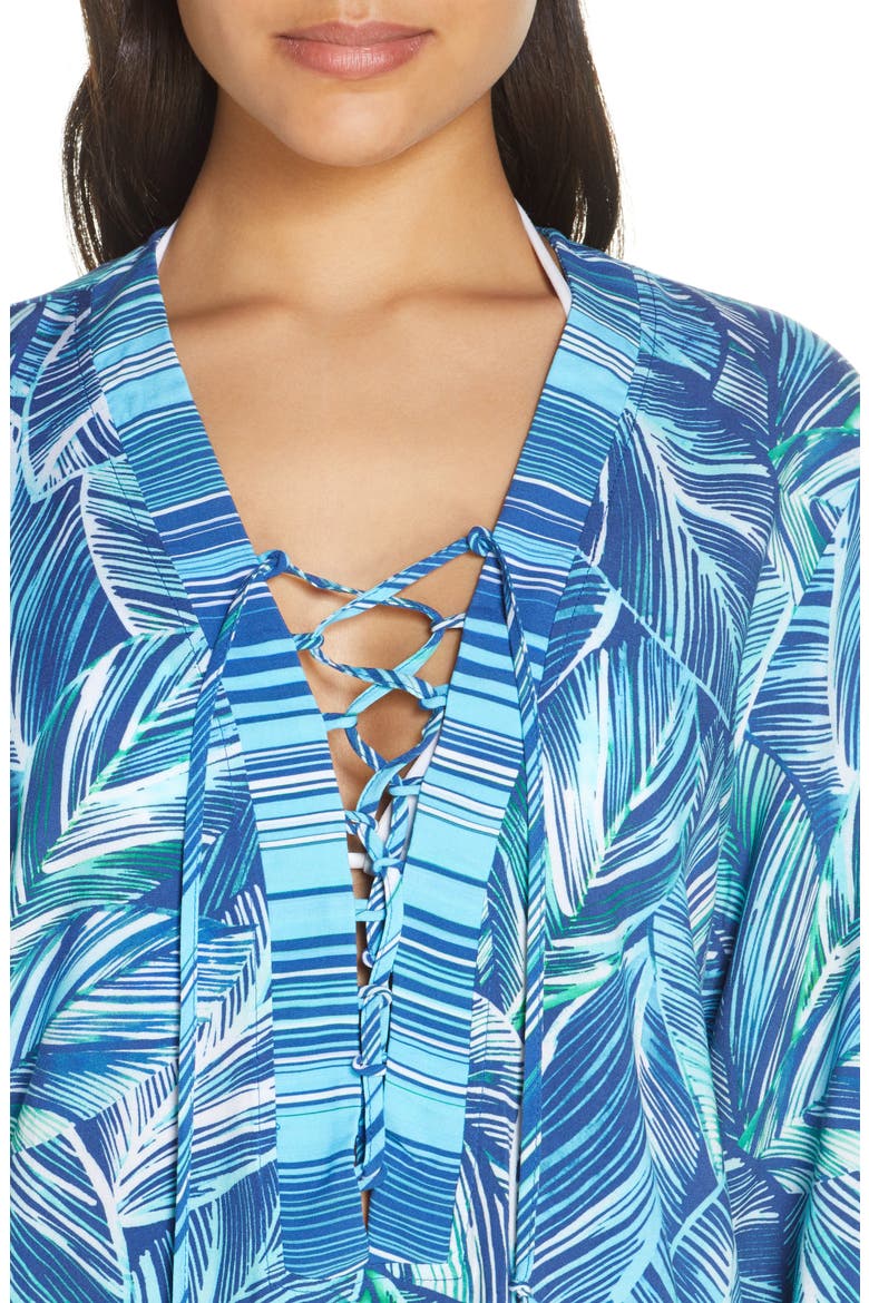 Sketched Leaves Long Sleeve Tunic Cover-Up, Alternate, color, POOL