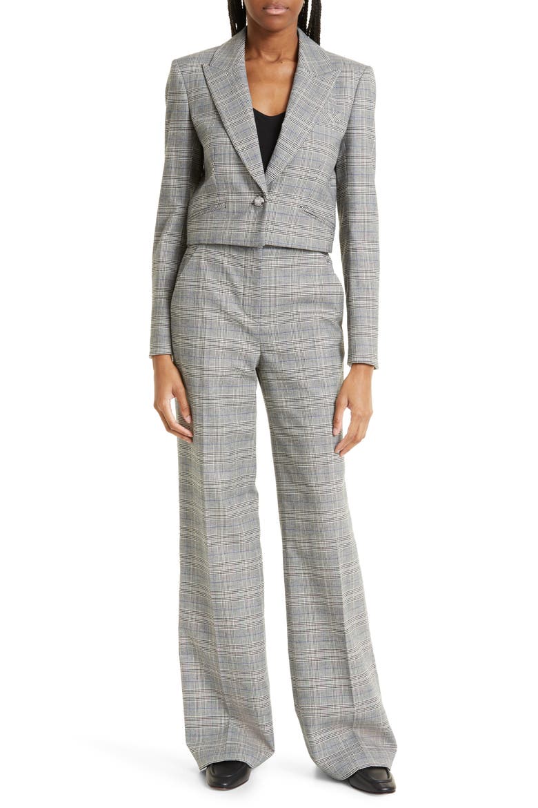Fabiola Plaid Crop Blazer, Alternate, color, HEATHER GREY/ BLUE MULTI