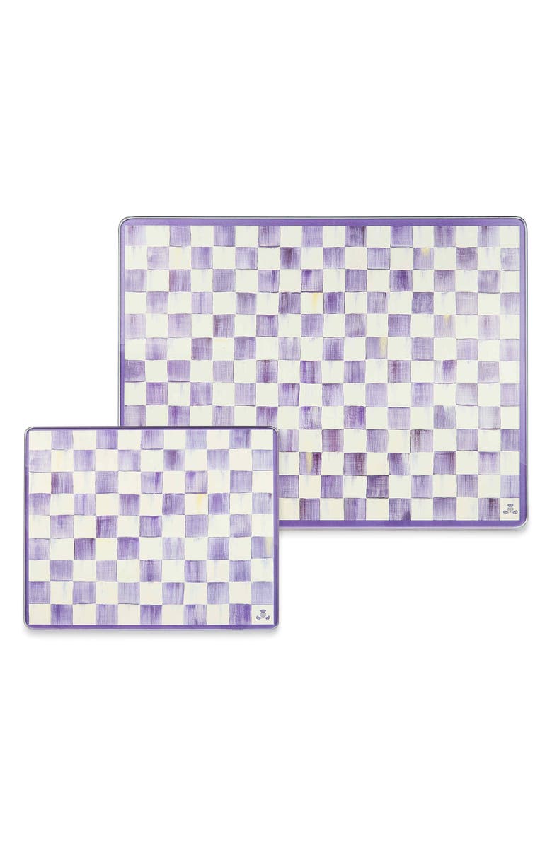MACKENZIE CHILDS Violet Check Set of 2 Glass Cutting Boards, Main, color, Violet