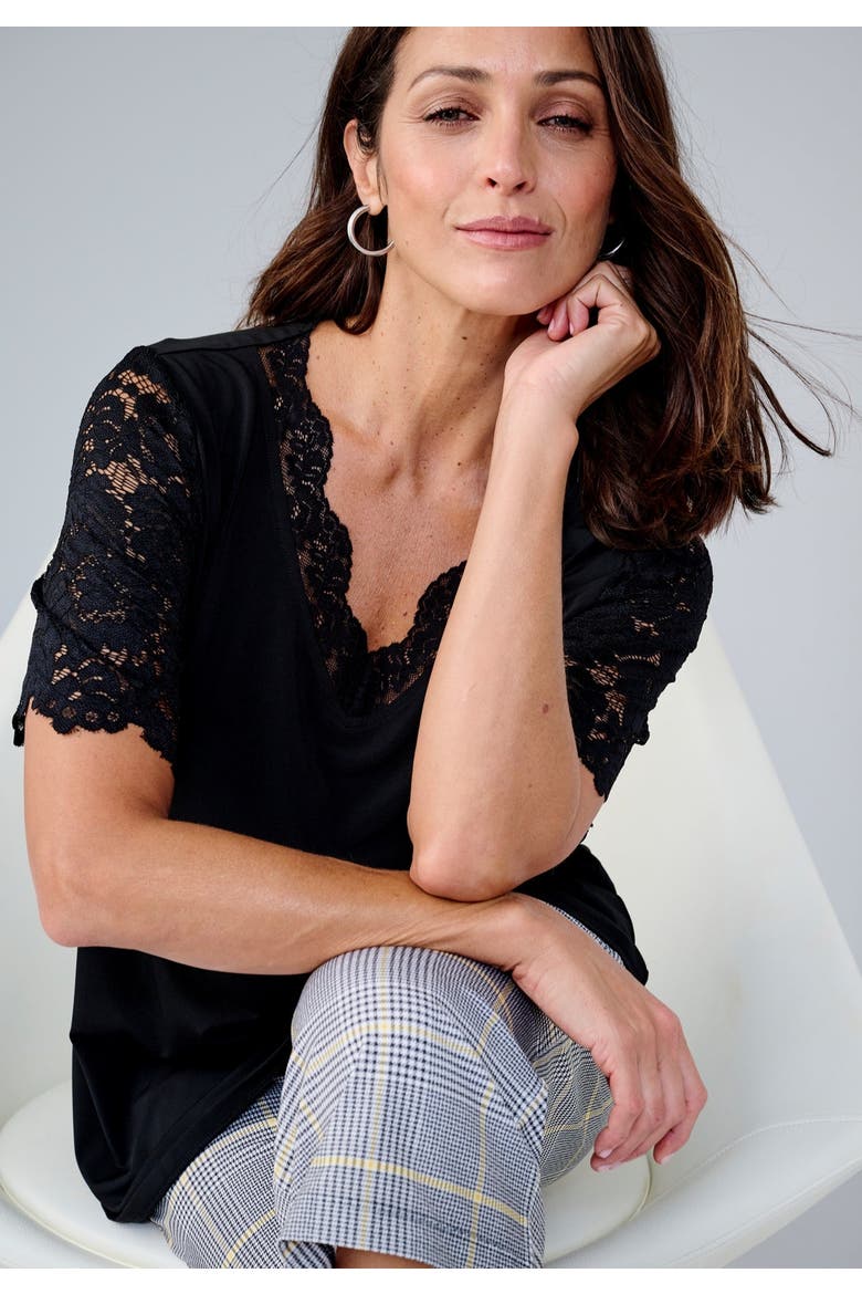 Lace Trim V-Neck Top, Alternate, color, BLACK