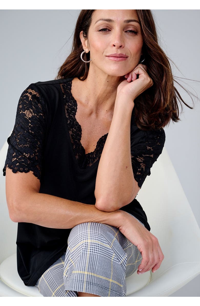 Jessica London Lace Trim V-Neck Top, Alternate, color, Black