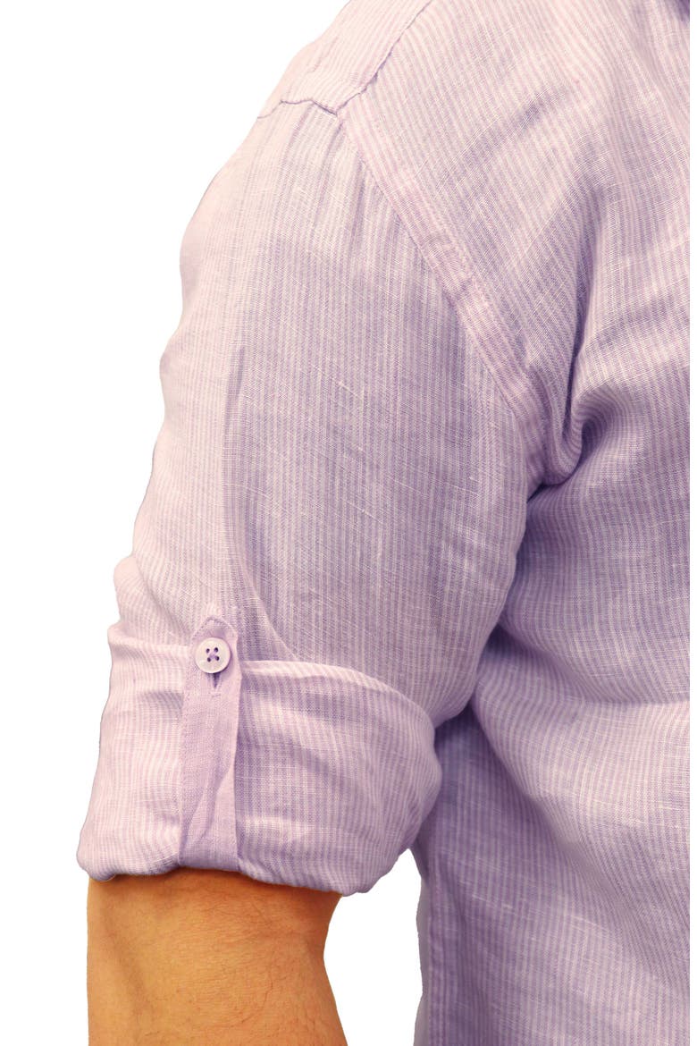 Striped Trim Fit Linen Shirt, Alternate, color, WHITE/ LAVENDER