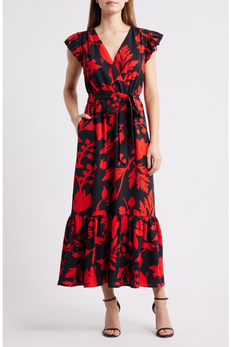 Floral Print Flutter Sleeve Tie Waist Maxi Dress, Main, color, BLACK/ RED