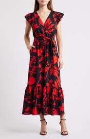 Sam Edelman Floral Print Flutter Sleeve Tie Waist Maxi Dress