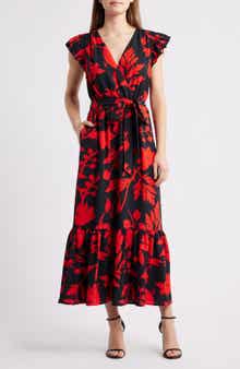 Floral Print Flutter Sleeve Tie Waist Maxi Dress