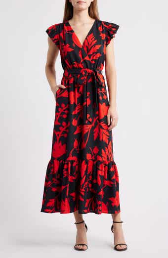 Floral Print Flutter Sleeve Tie Waist Maxi Dress