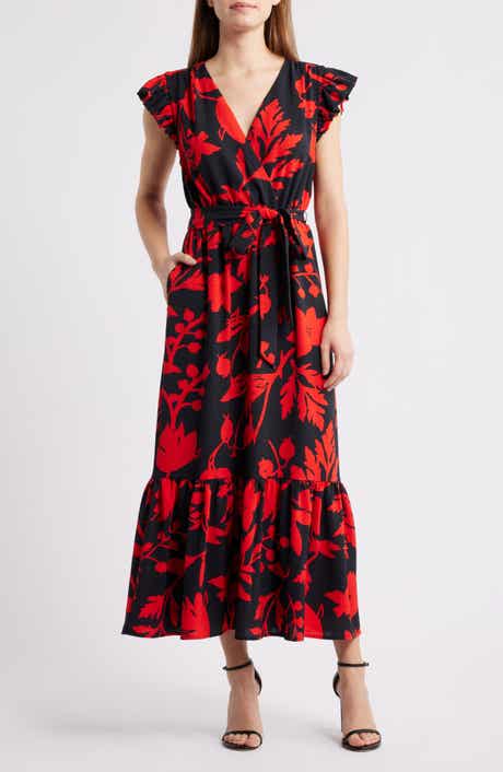 Floral Print Flutter Sleeve Tie Waist Maxi Dress