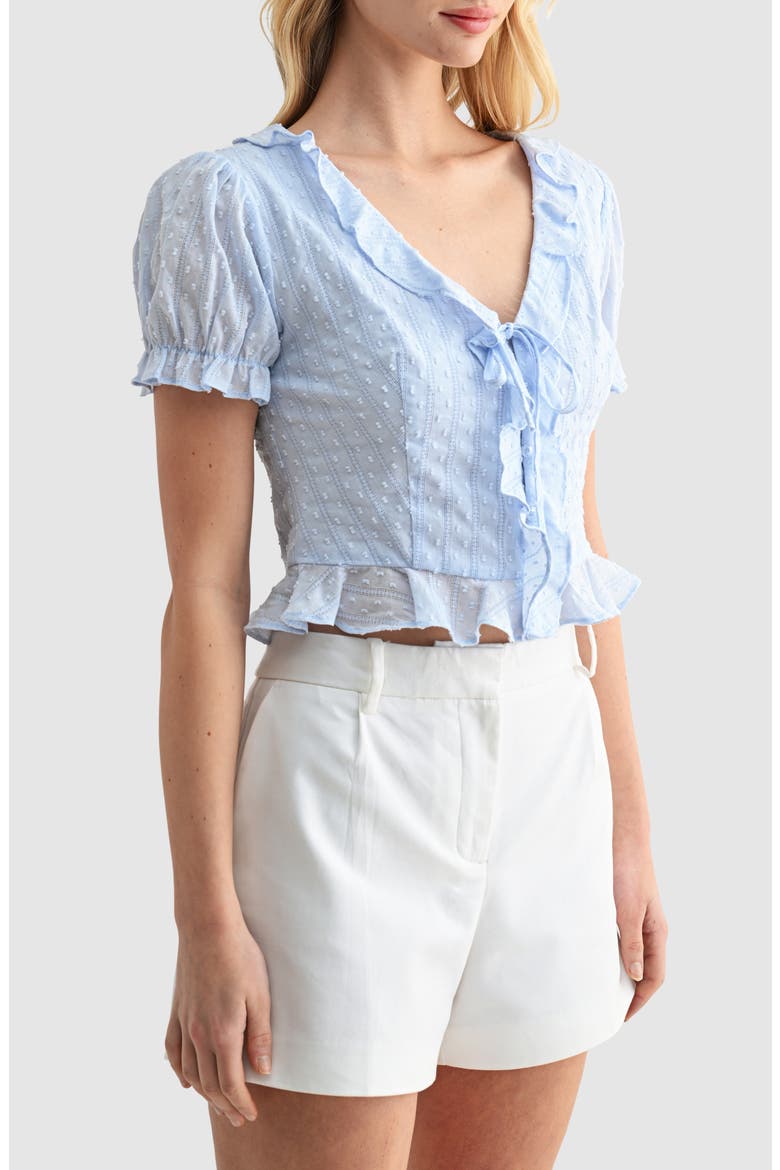 Ruffle Trim Tie Front Top, Alternate, color, LIGHT BLUE