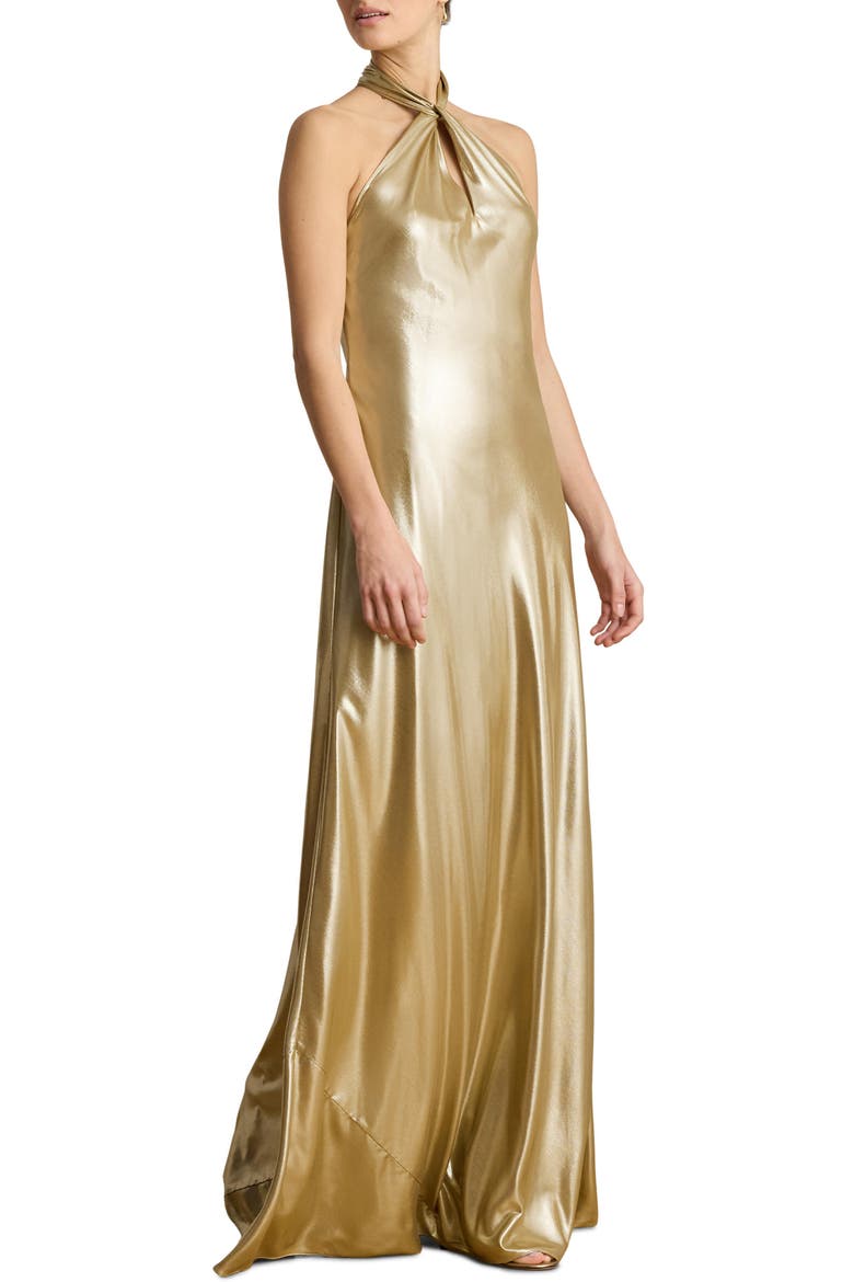 Metallic Chiffon Halter Neck Gown, Main, color, LIGHT GOLD FOIL/ MULTI