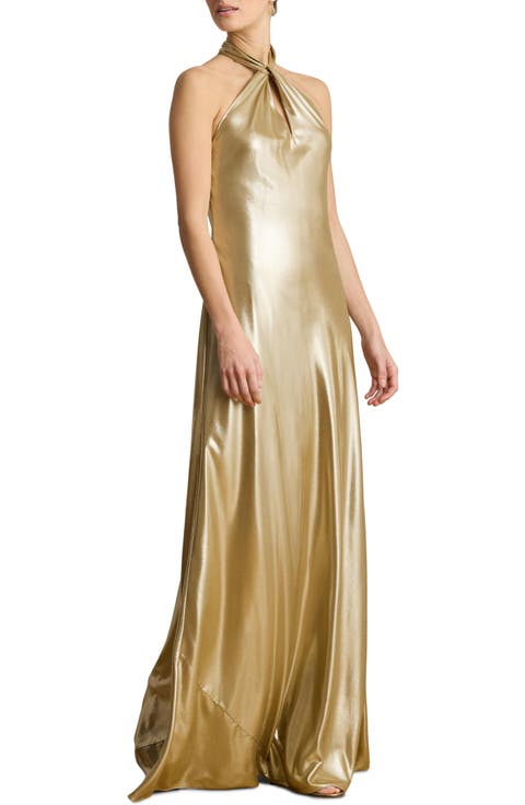 Metallic Chiffon Halter Neck Gown