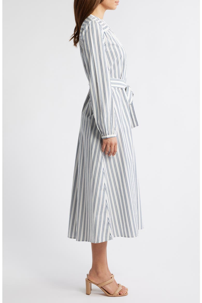 Smocked Shoulder Long Sleeve Cotton Midi Dress, Alternate, color, IVORY-BLUE ENSIGN SANDY STRIPE