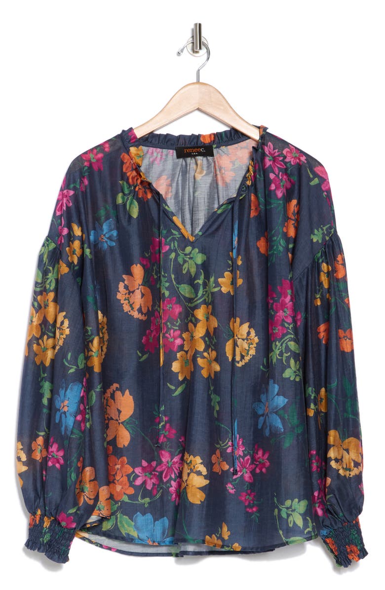 Renee C Floral Ruffle Tie Neck Long Sleeve Top, Alternate, color, Navy