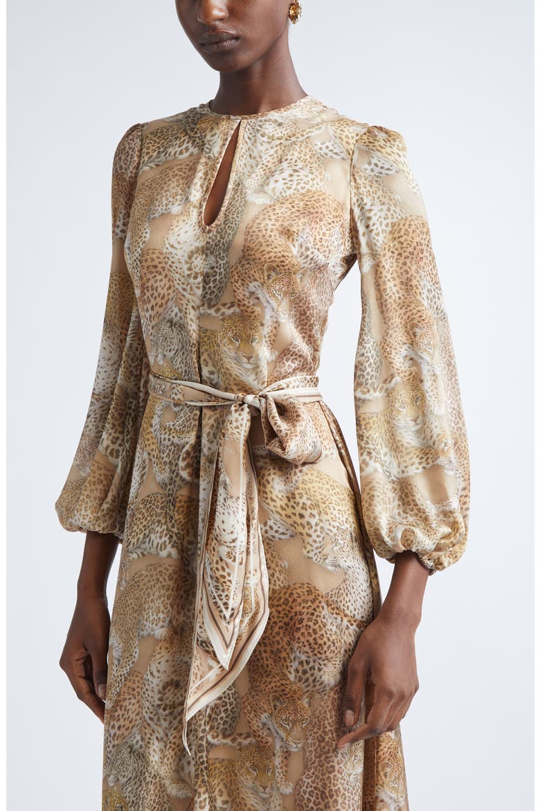 Rebellion Long Sleeve Belted Silk Maxi Dress, Alternate, color, LATTE LEOPARD