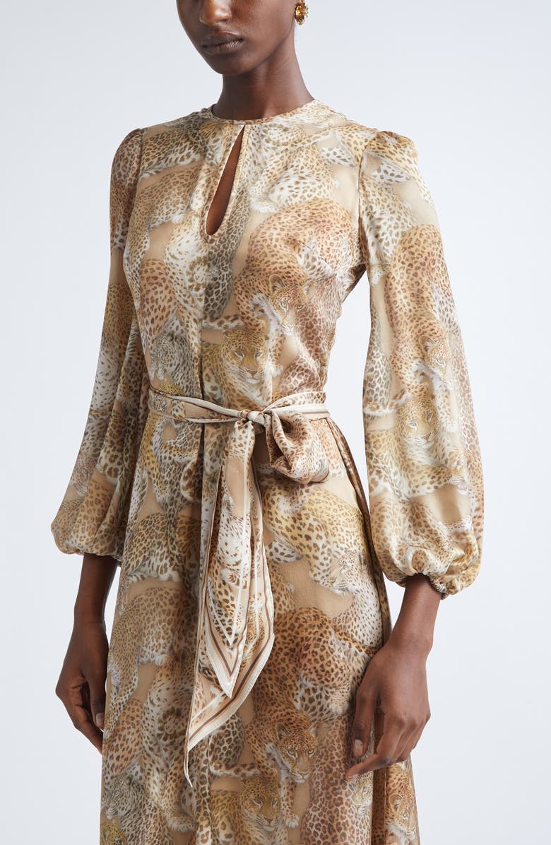 Zimmermann Rebellion Long Sleeve Belted Silk Maxi Dress, Alternate, color, Latte Leopard