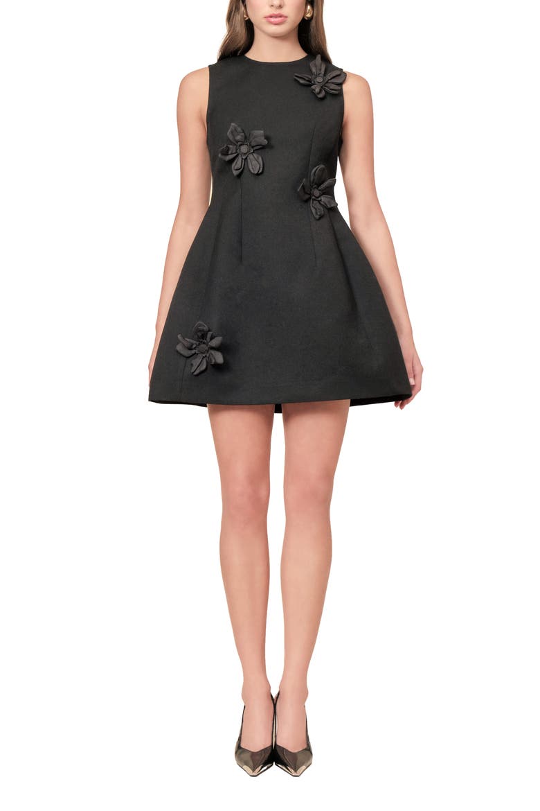 Loretta Floral Appliqué Minidress, Main, color, BLACK