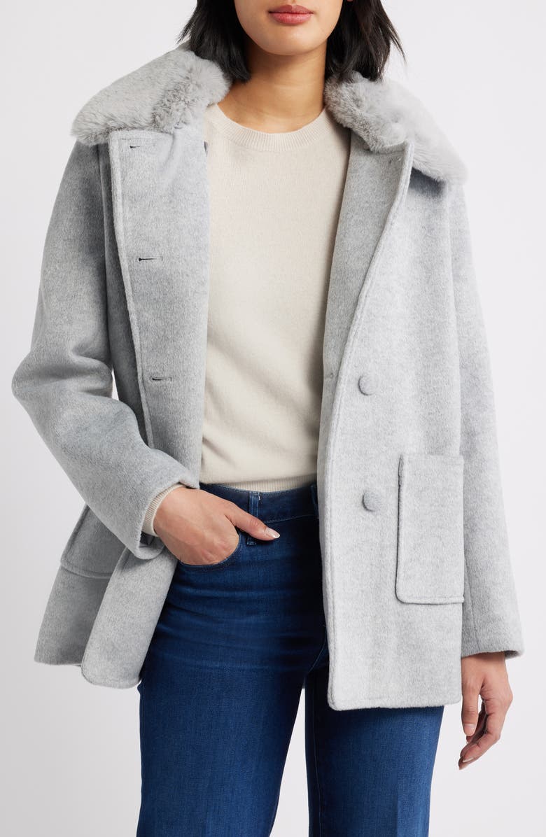 CeCe Faux Fur Collar Double Breasted Coat, Alternate, color, Grey