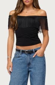 EDIKTED Catelina Fringe Off the Shoulder Top