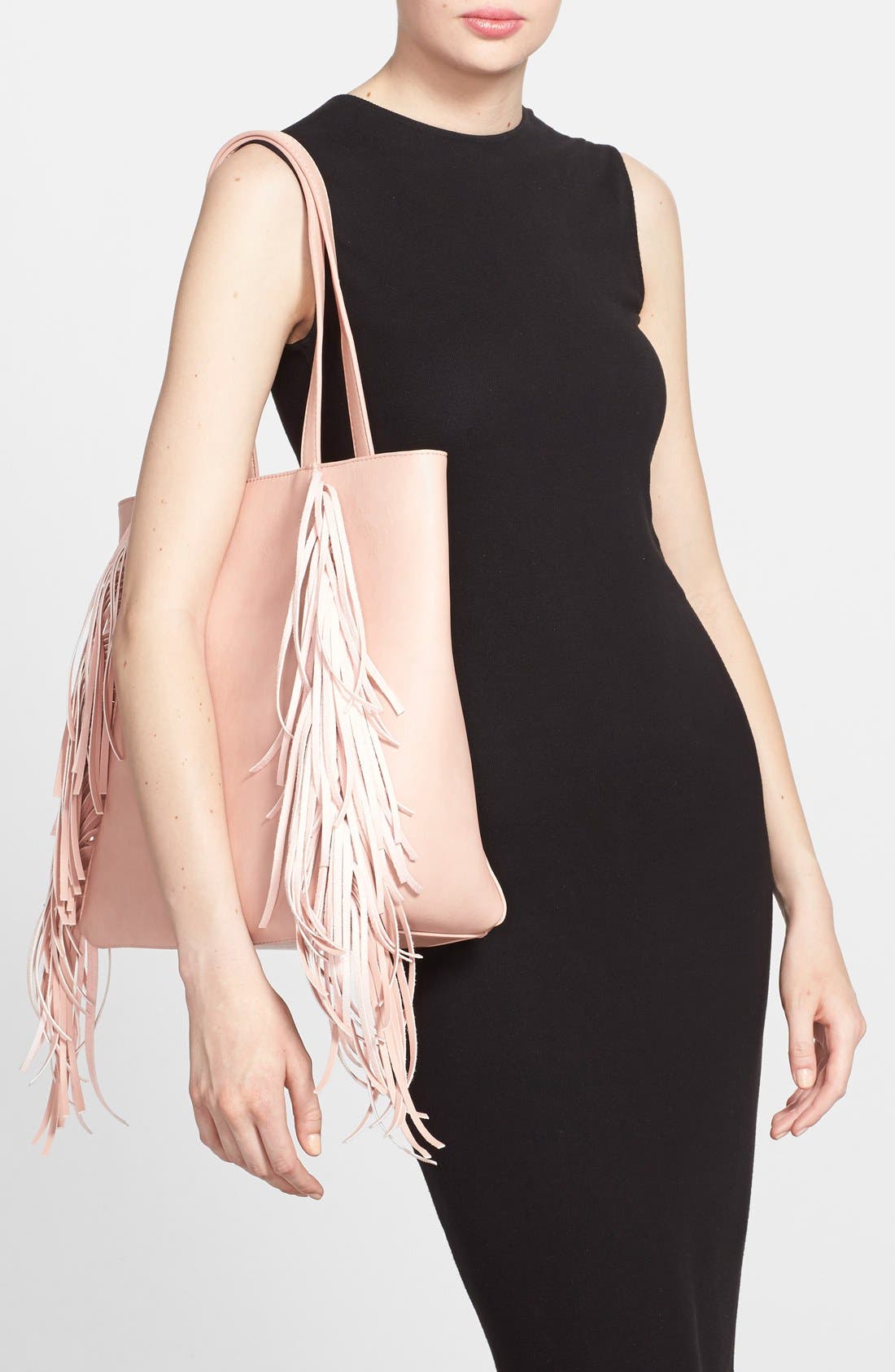 Fringe Faux Leather Tote, Alternate, color, PINK