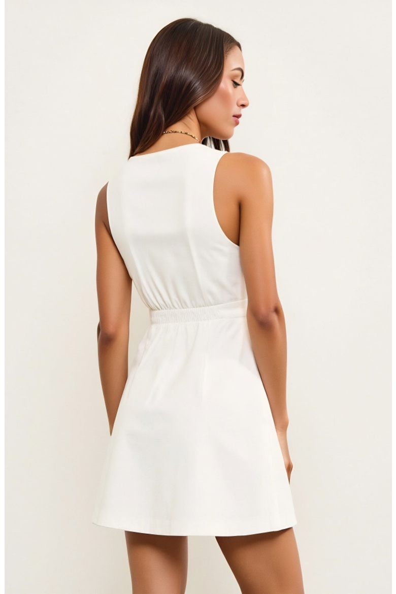 V-Neck Sleeveless Button Front Mini Dress with Contrast Trim, Alternate, color, White