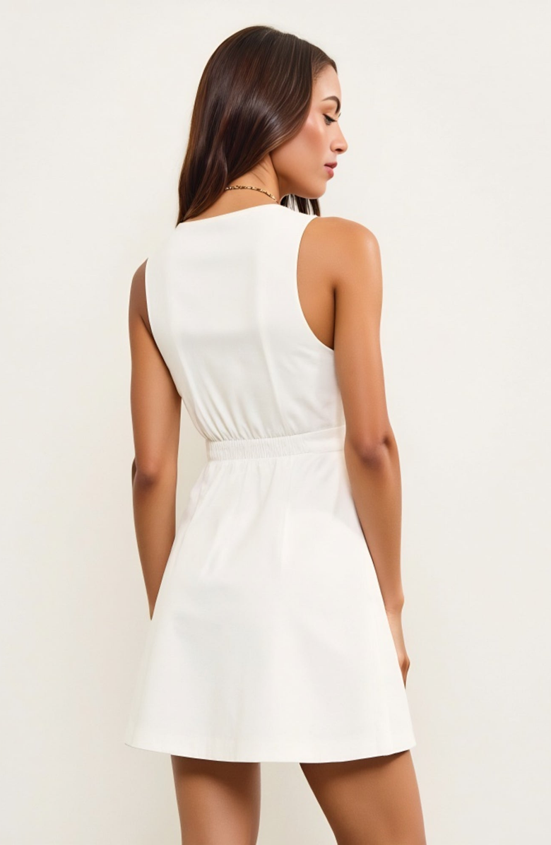 Modenaire V-Neck Sleeveless Button Front Mini Dress with Contrast Trim, Alternate, color, White