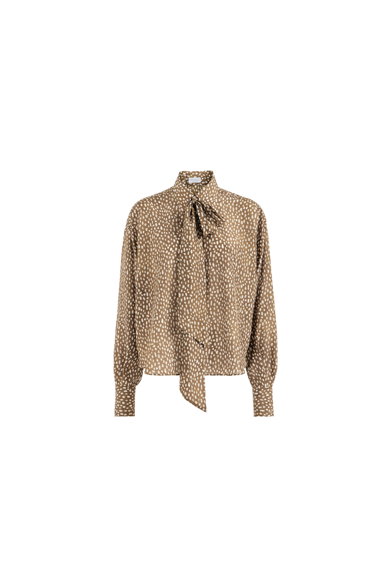 Silk dapple pongee pussybow blouse with monili, Alternate, color, Dattero
