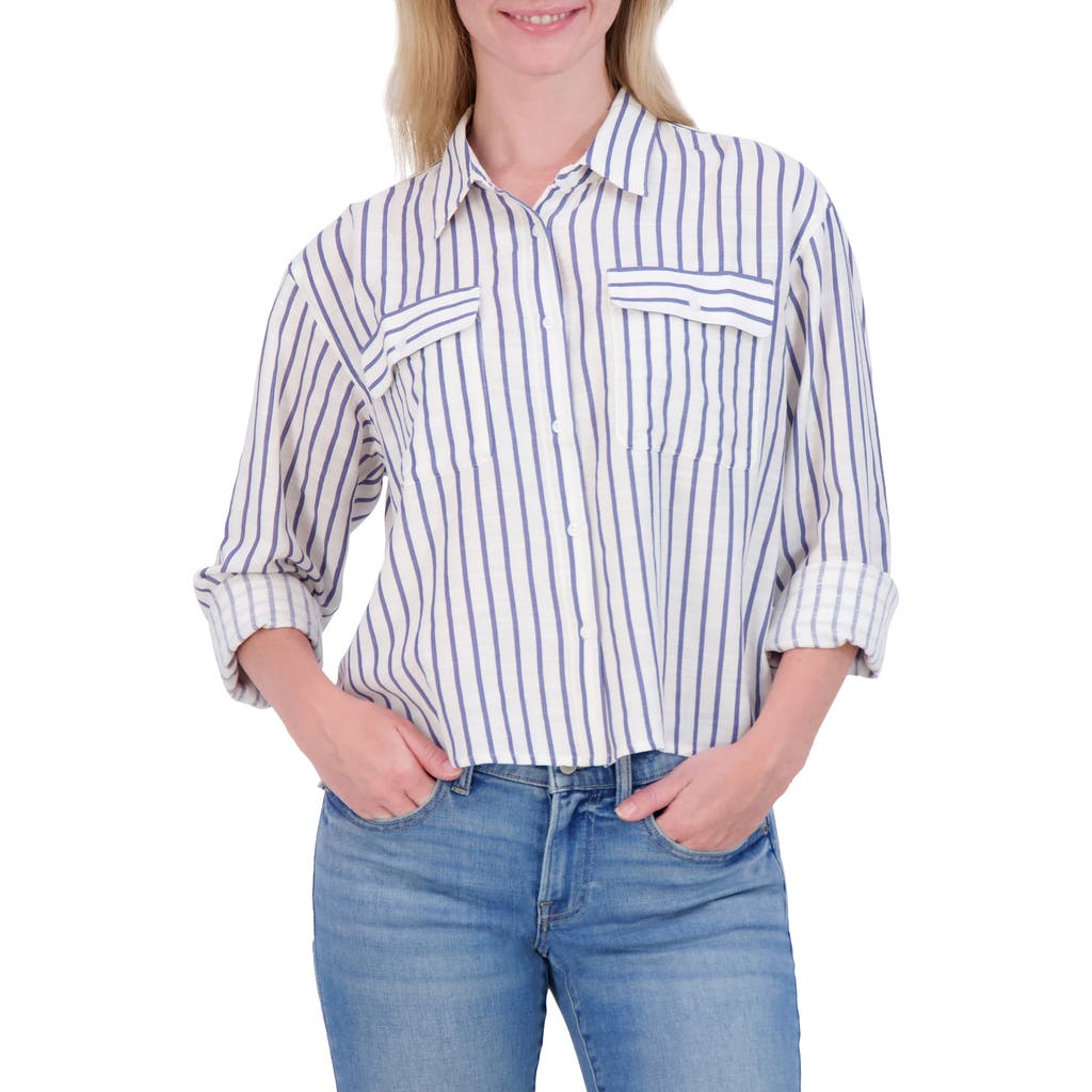 Lucky Brand Stripe Cropped Button-up Shirt In White Stripe
