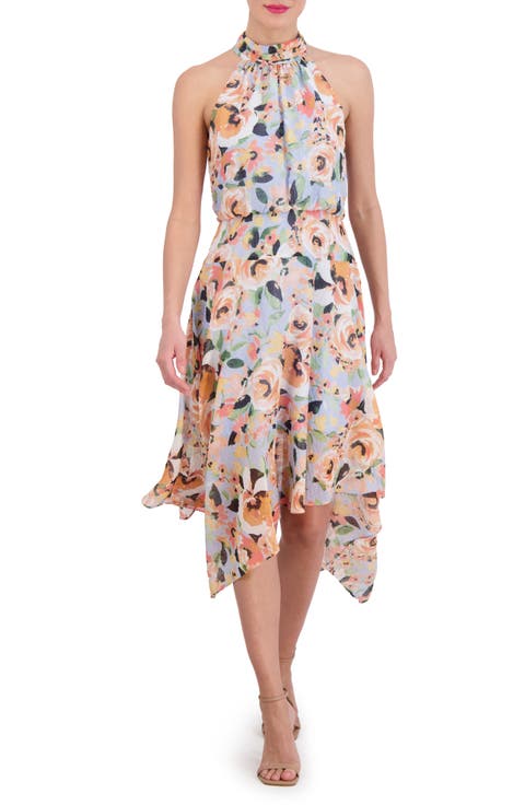 Metallic Floral Asymmetric Hem Chiffon Dress