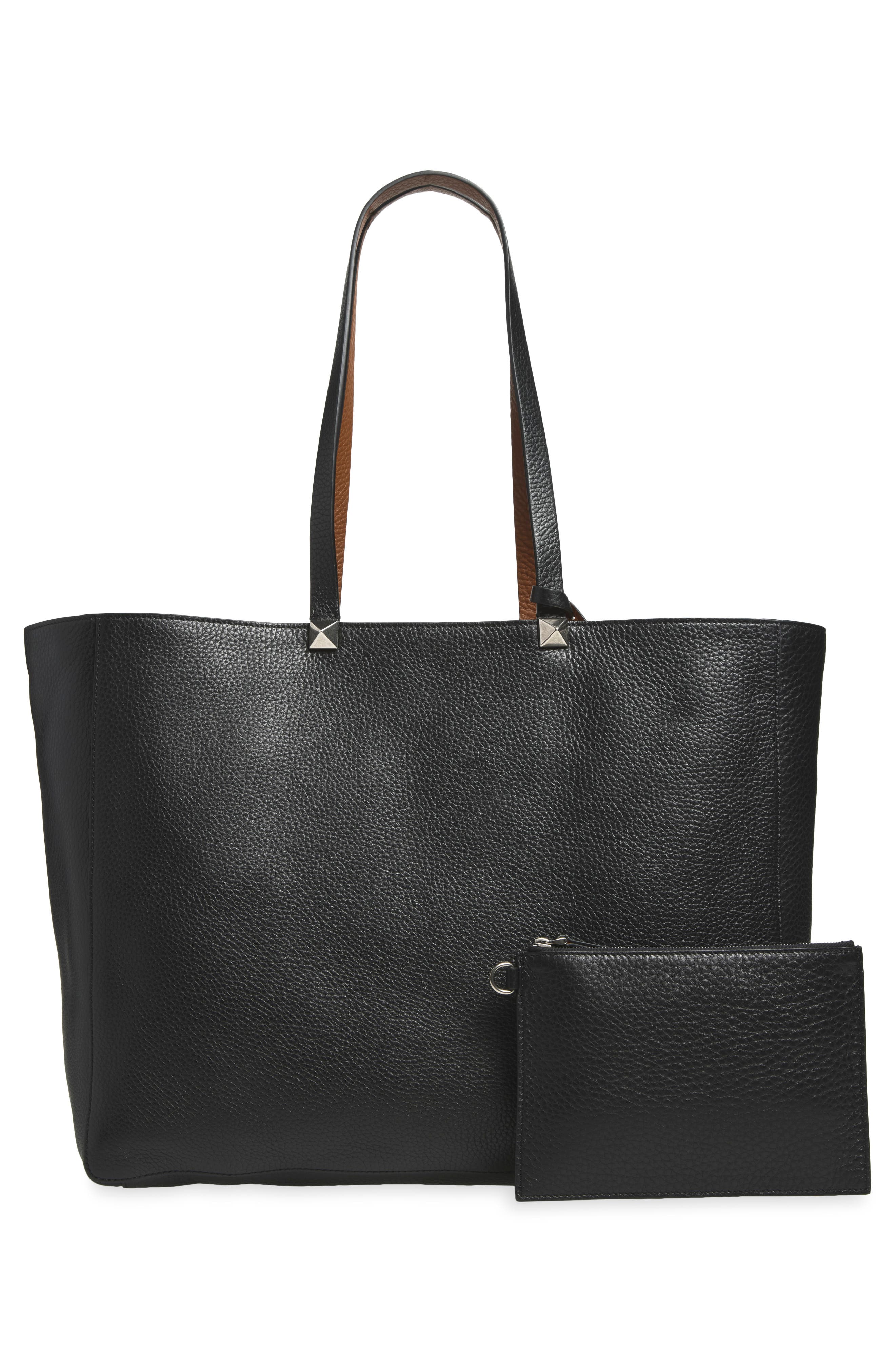 Rockstud Reversible Leather Tote, Alternate, color, LIGHT BROWN