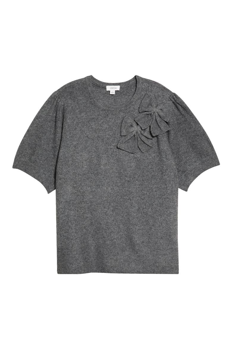 Bow Appliqu Short Sleeve Sweater, Alternate, color, MEDIUM HEATHER GREY