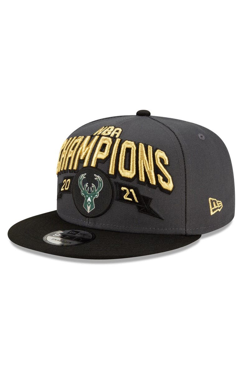 New Era Men's New Era Gray/Black Milwaukee Bucks 2021 NBA Finals Champions Locker Room 9FIFTY Snapback Adjustable Hat, Alternate, color,