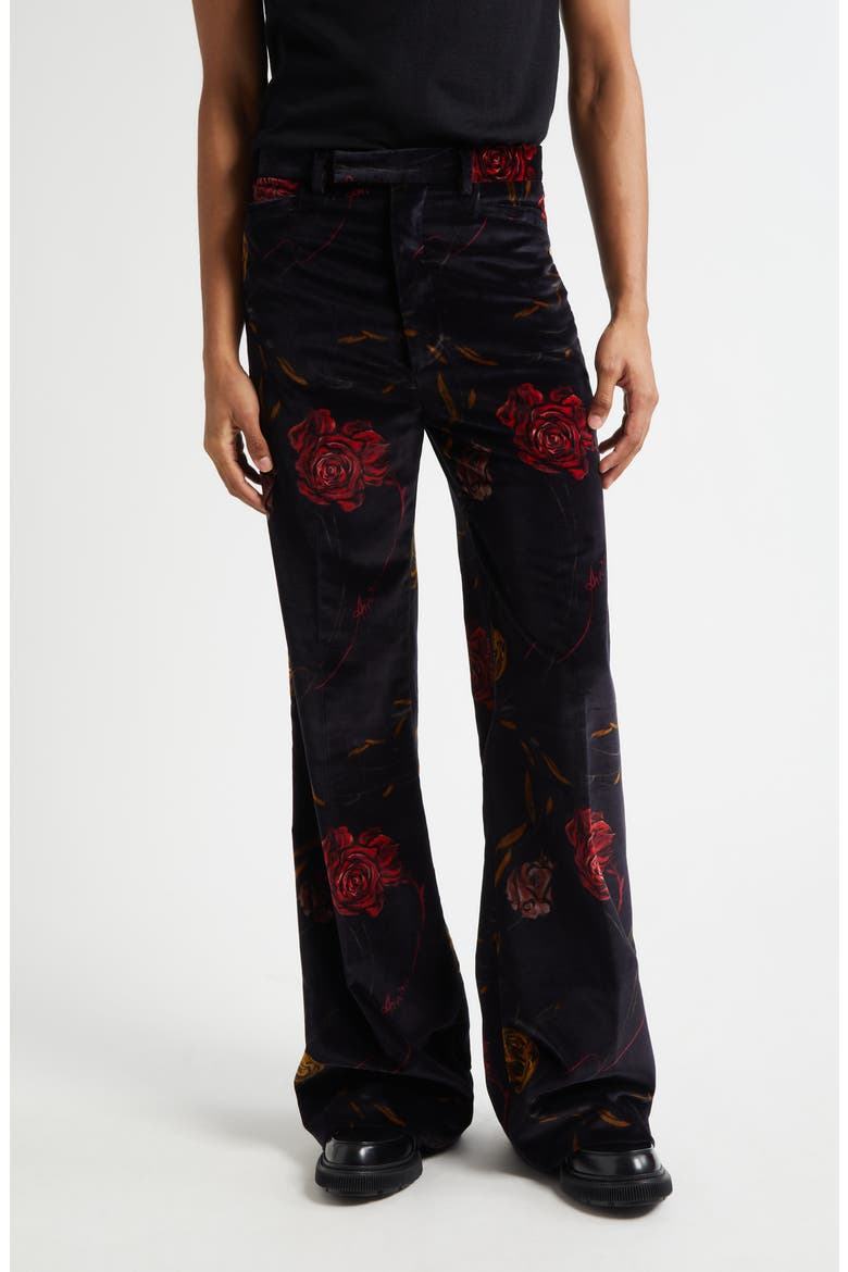 Floral Velveteen Flare Leg Pants, Main, color, BLACK
