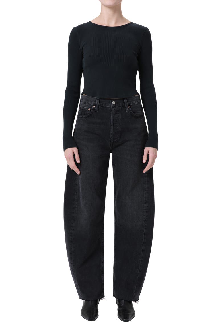 Luna Pieced High Waist Raw Hem Organic Cotton Barrel Jeans, Alternate, color, POSSESS