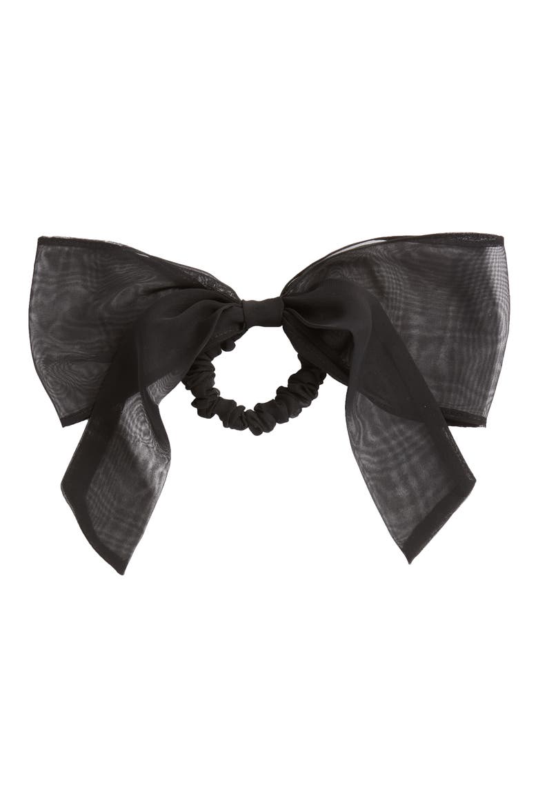 Chiffon Bow Ponytail Holder, Main, color, BLACK