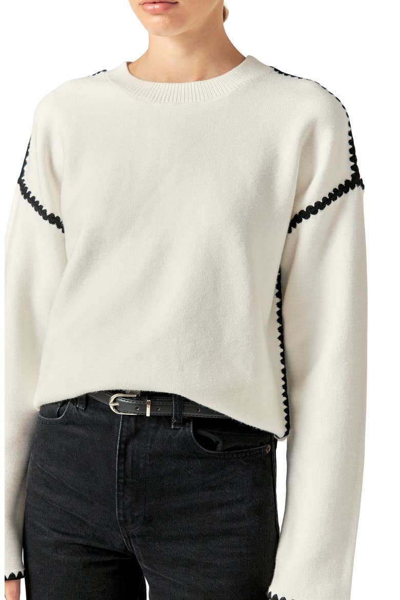 Embroidered Crewneck Sweater, Alternate, color, WHITE/BLACK