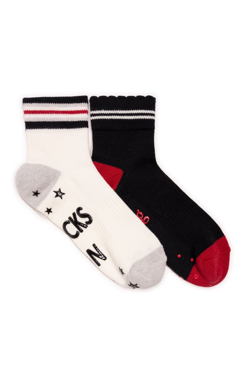 MUK LUKS Studio Quarter Crew Cotton Compression Socks 2 Pair Pack, Main, color, Ivory/Black Pack