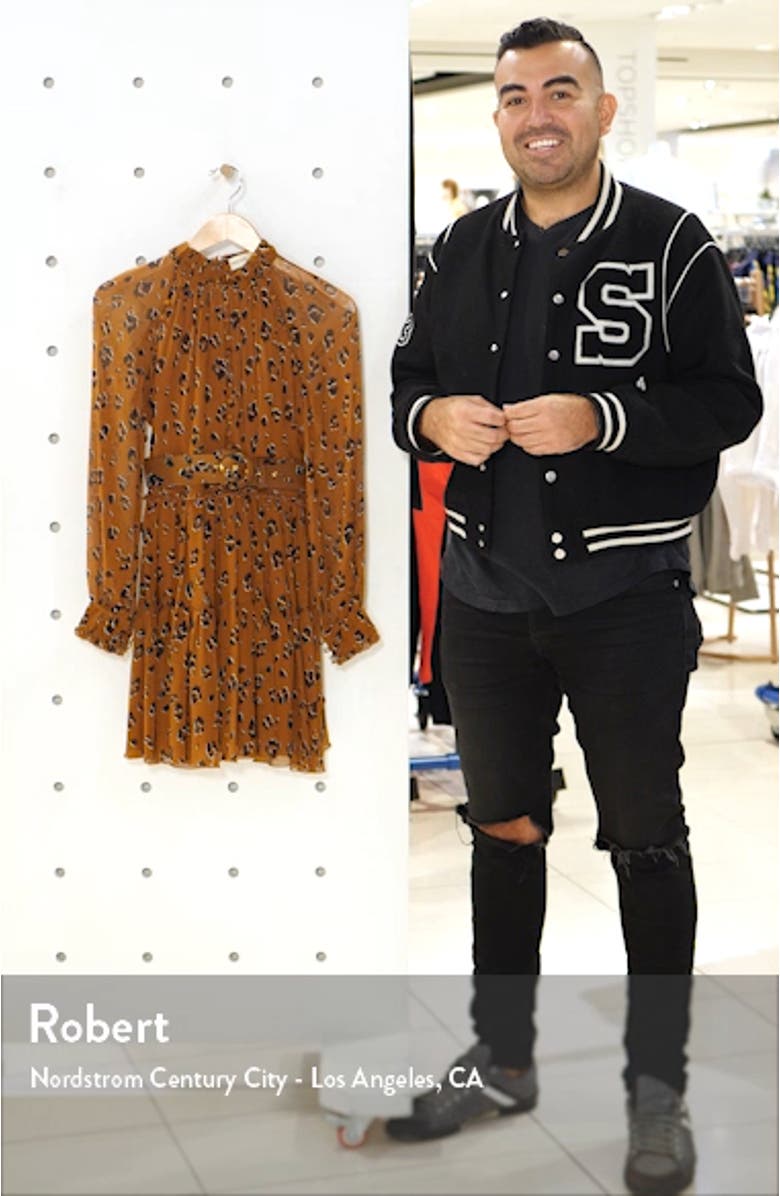 Leopard Print Long Sleeve Belted Silk Minidress, sales video thumbnail