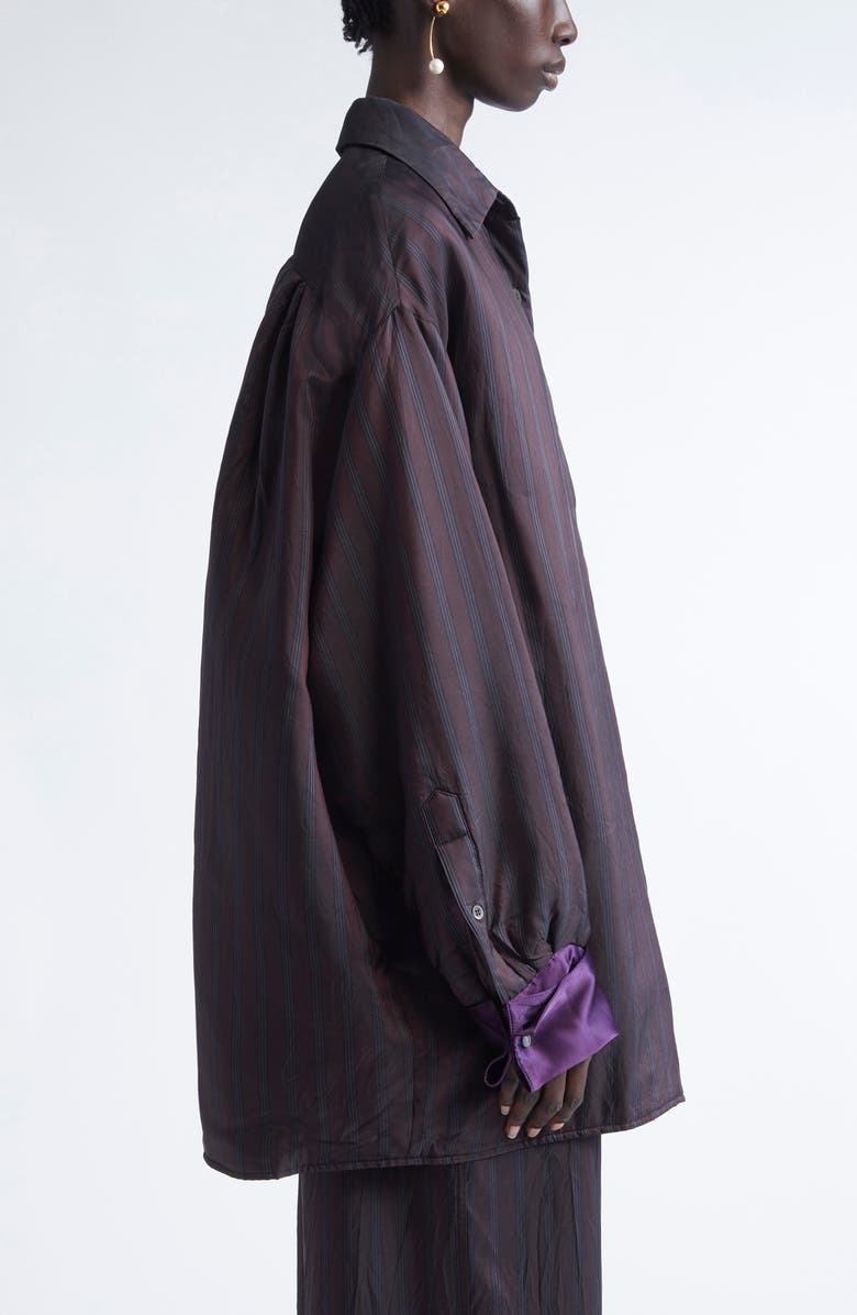 Dries Van Noten Cartan Oversize Padded Stripe Button-Up Shirt with Detachable Cuffs, Alternate, color, Burgundy